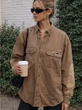 Vintage Winchester Hunting Shirt Tan Cotton Canvas Elbow Patch | Oversized | L